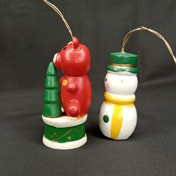 Vintage Christmas Ornament Set Of 2 Wood Snowman & Bear Handpainted 1980s - Picture 3 of 7